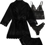 Romantic 4-Piece Satin-Finish Sleepwear Set with Bold Black Lace Trim