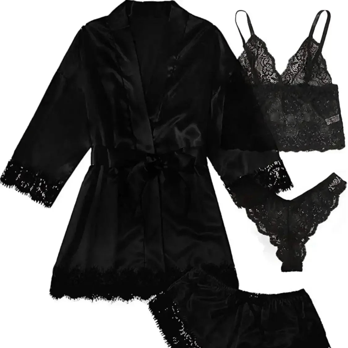 Romantic 4-Piece Satin-Finish Sleepwear Set with Bold Black Lace Trim