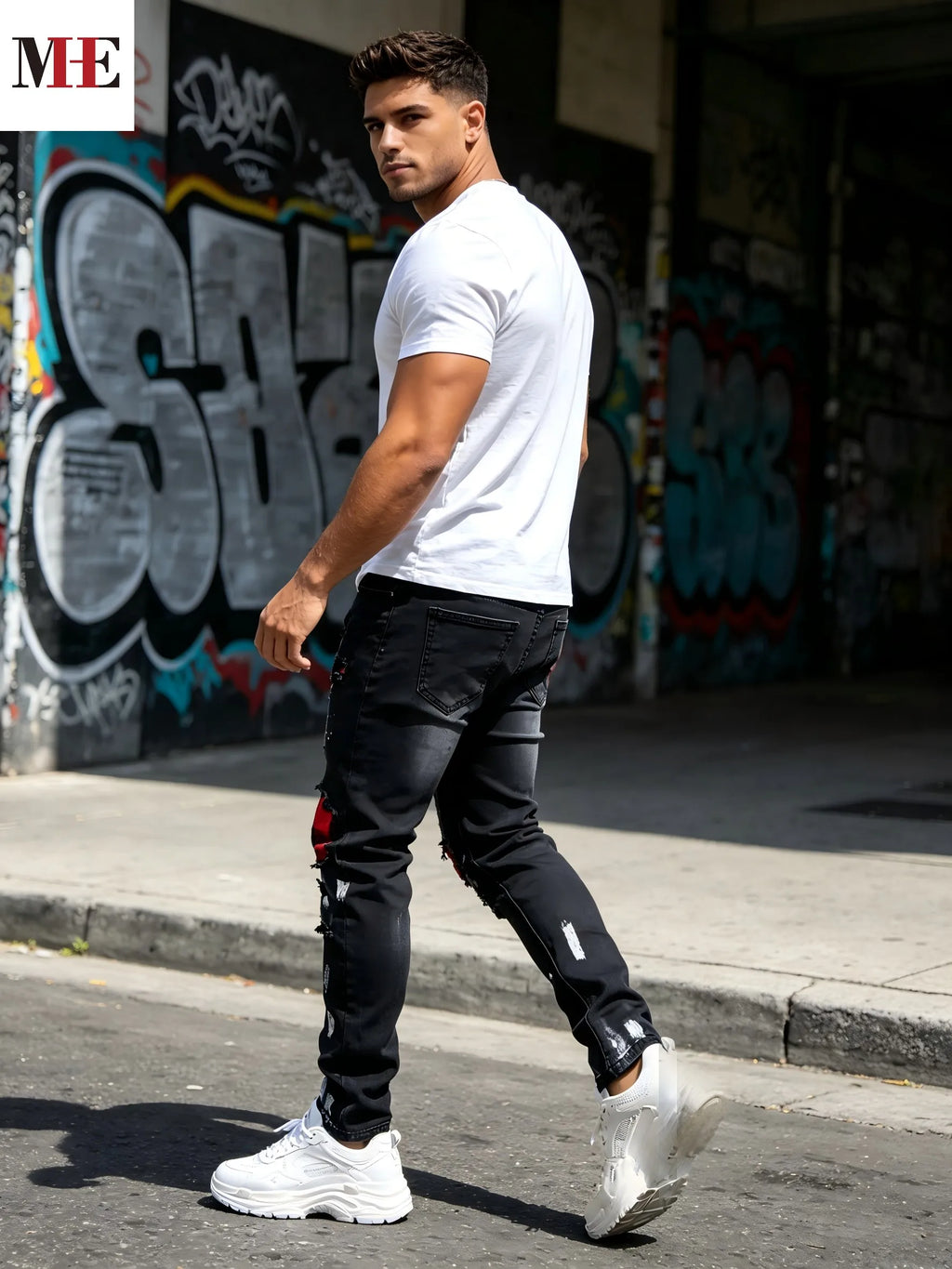 Men's Distressed Slim Straight Denim Jeans with Paint Detail Streetwear Design
