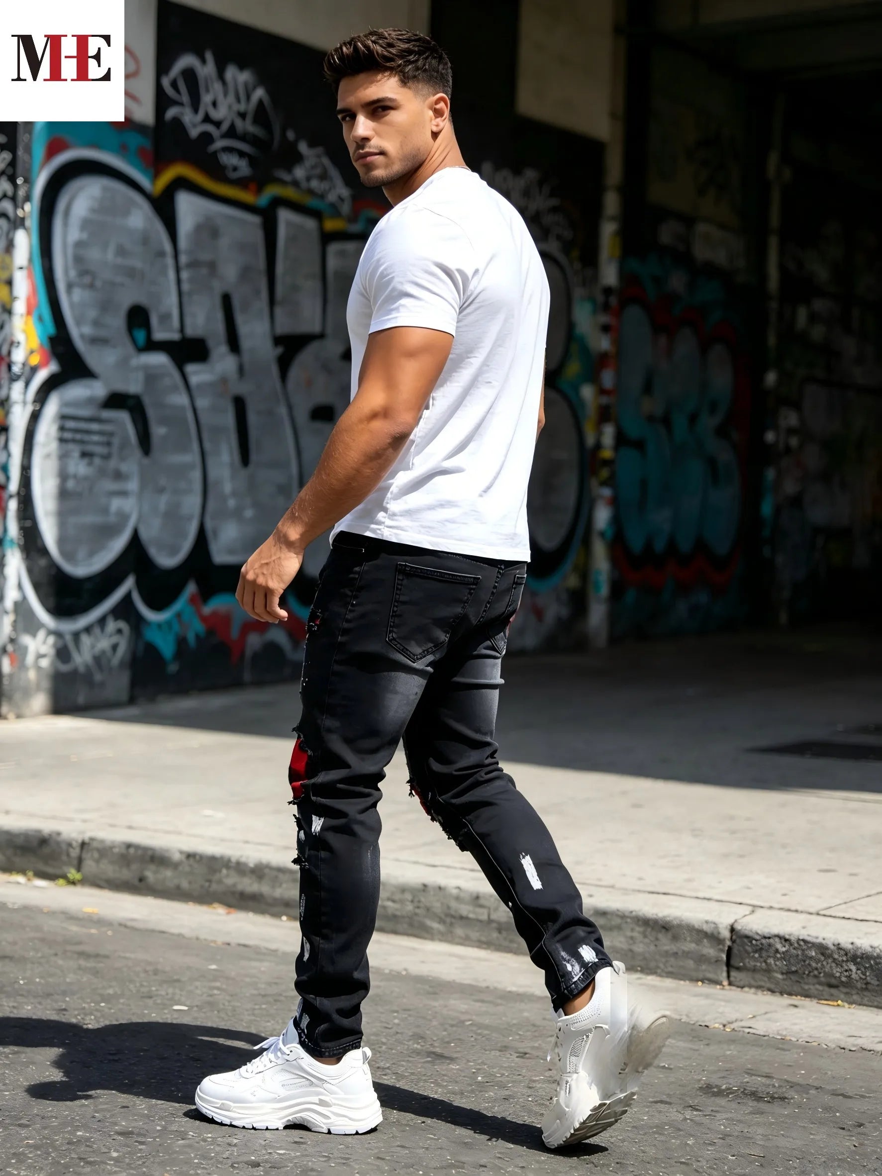 Men's Distressed Slim Straight Denim Jeans with Paint Detail Streetwear Design