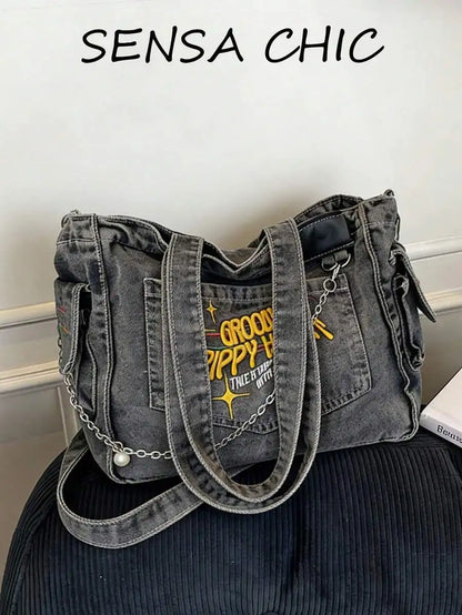 Denim Tote Shoulder Bag with Embroidered Graphic Accent Design