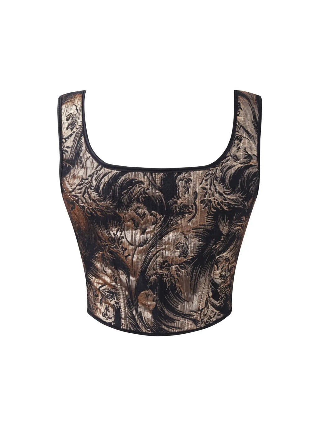 Black and Gold Botanical Jacquard Bustier Top with Ribbon Tie Details