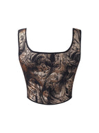 Black and Gold Botanical Jacquard Bustier Top with Ribbon Tie Details
