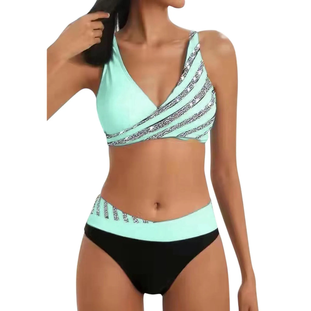 Women's Black Striped Two-Piece Bikini Set with Shiny Print, Strappy Crop Top and Low-Rise Swim Bottom