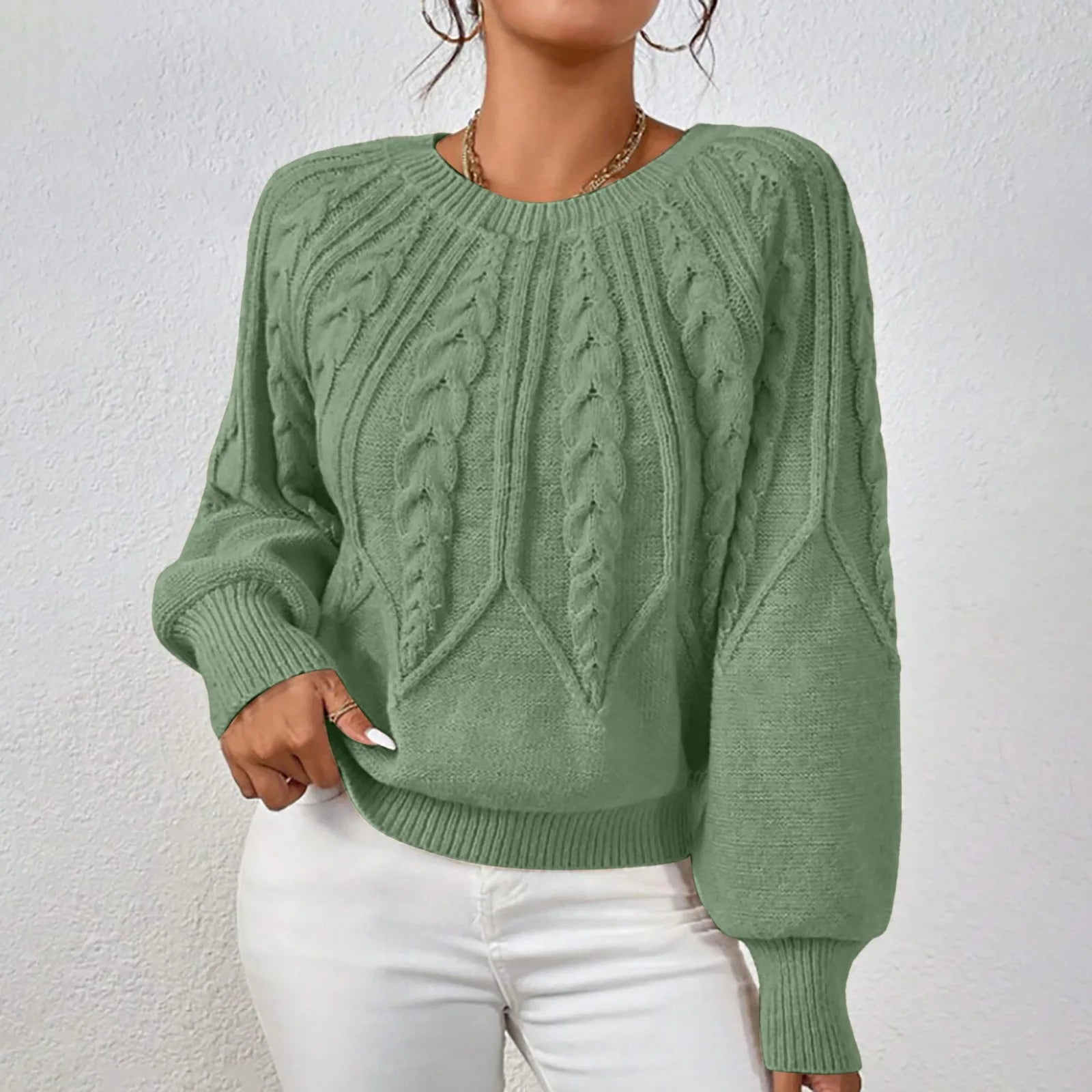 Women's Textured Cable Knit Crew Neck Relaxed Fit Sweater Pullover
