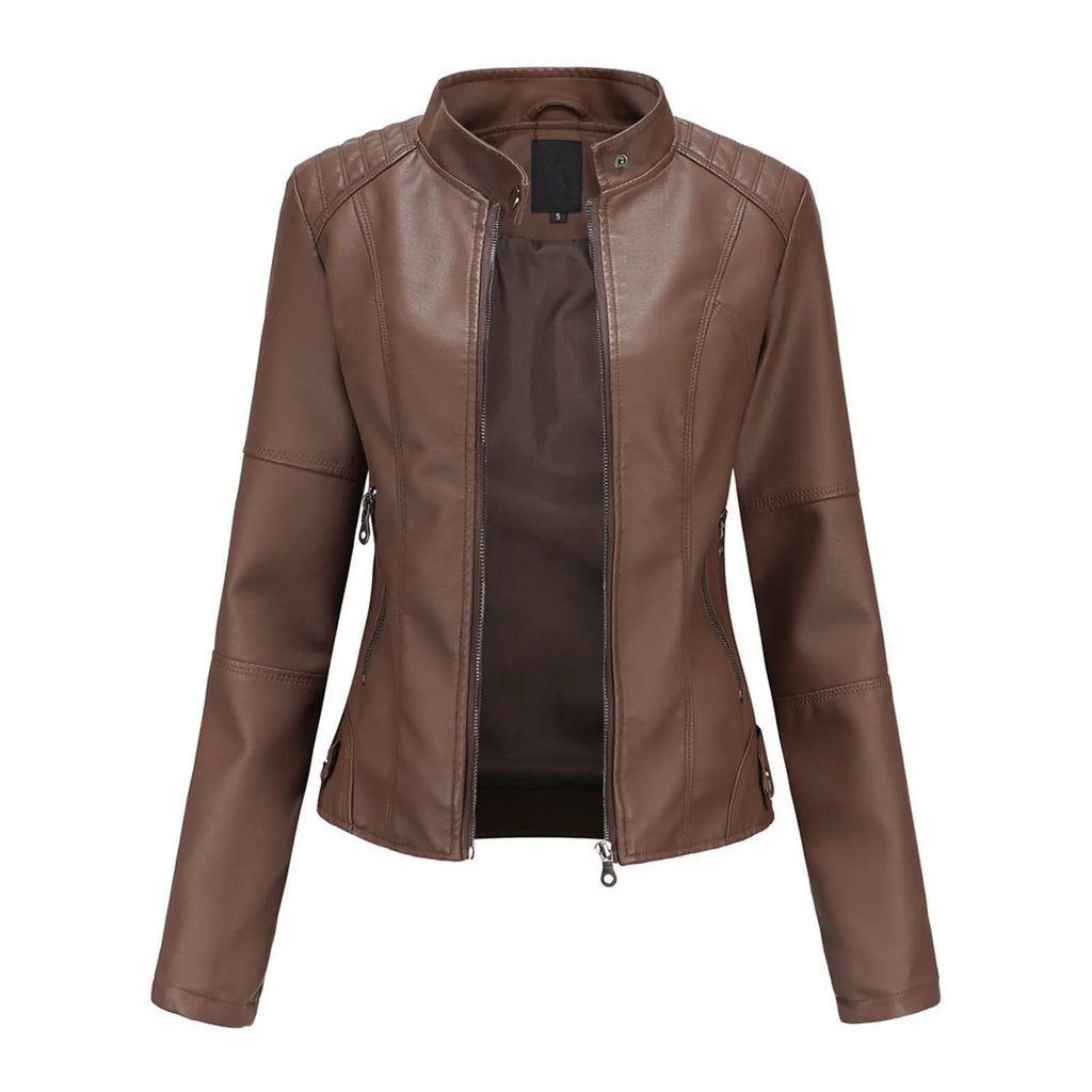 Women's Minimalist Faux Leather Zip Jacket with Stand Collar Contemporary Streetwear Style