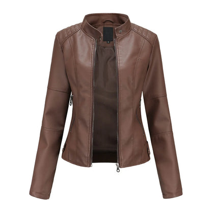 Women's Minimalist Faux Leather Zip Jacket with Stand Collar Contemporary Streetwear Style