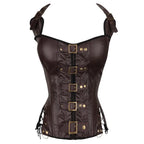 Brown Faux Leather Steampunk Halter Corset with Metal Buckles and Side Lacing