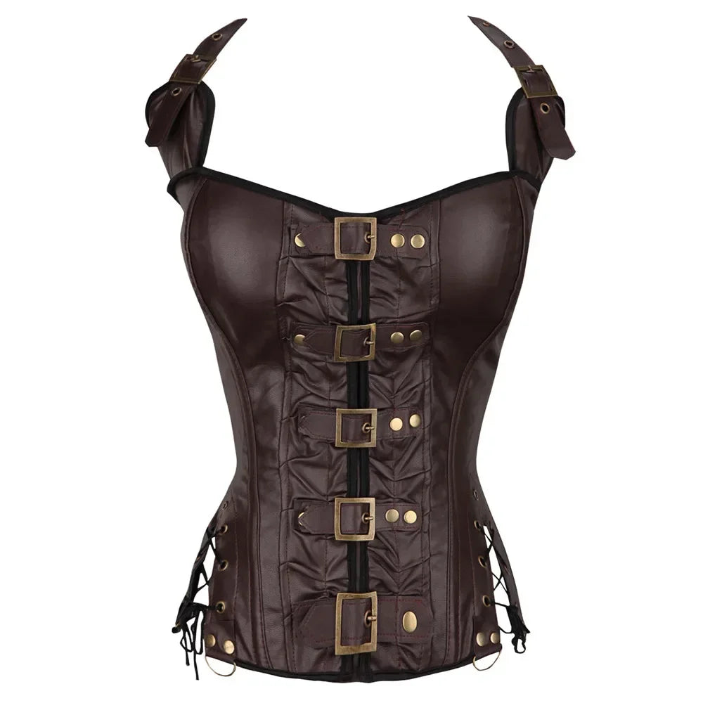 Brown Faux Leather Steampunk Halter Corset with Metal Buckles and Side Lacing