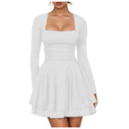 Square Neck Long Sleeve Mini Dress with Structured Waist and Ruffle Hem