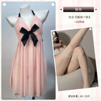 Peach Pleated Mesh Halter Babydoll with Contrast Black Bow Detailing