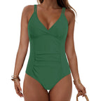 Elegant Ruched Black One-Piece Swimsuit with Deep V-Neck, Adjustable Halter Straps and Sleek Beachwear Silhouette