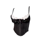 Vintage-Inspired Black Overbust Corset with White Ruffled Lace Trim