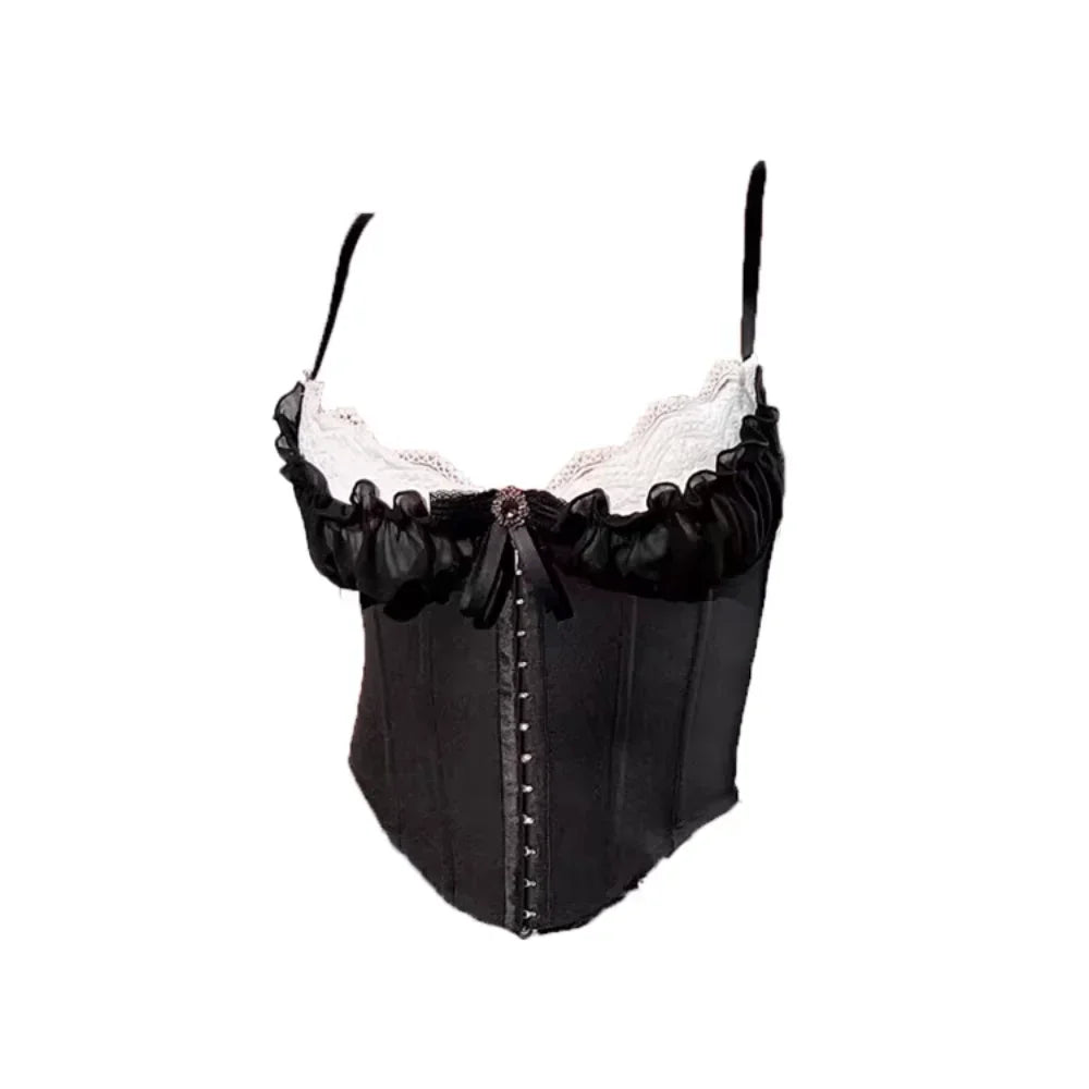 Vintage-Inspired Black Overbust Corset with White Ruffled Lace Trim
