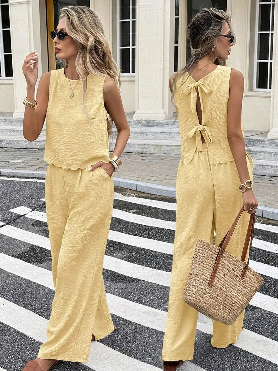 Sleeveless Linen Blend Top and Wide Leg Pants Summer Co-Ord Set