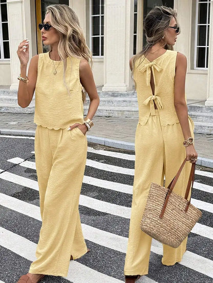 Sleeveless Linen Blend Top and Wide Leg Pants Summer Co-Ord Set