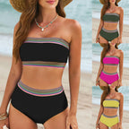 Black Two-Piece Bandeau Crop Bikini Set with Push-Up Style Top, High-Waisted Wrap Bottom and Sleek Beach Vacation Design