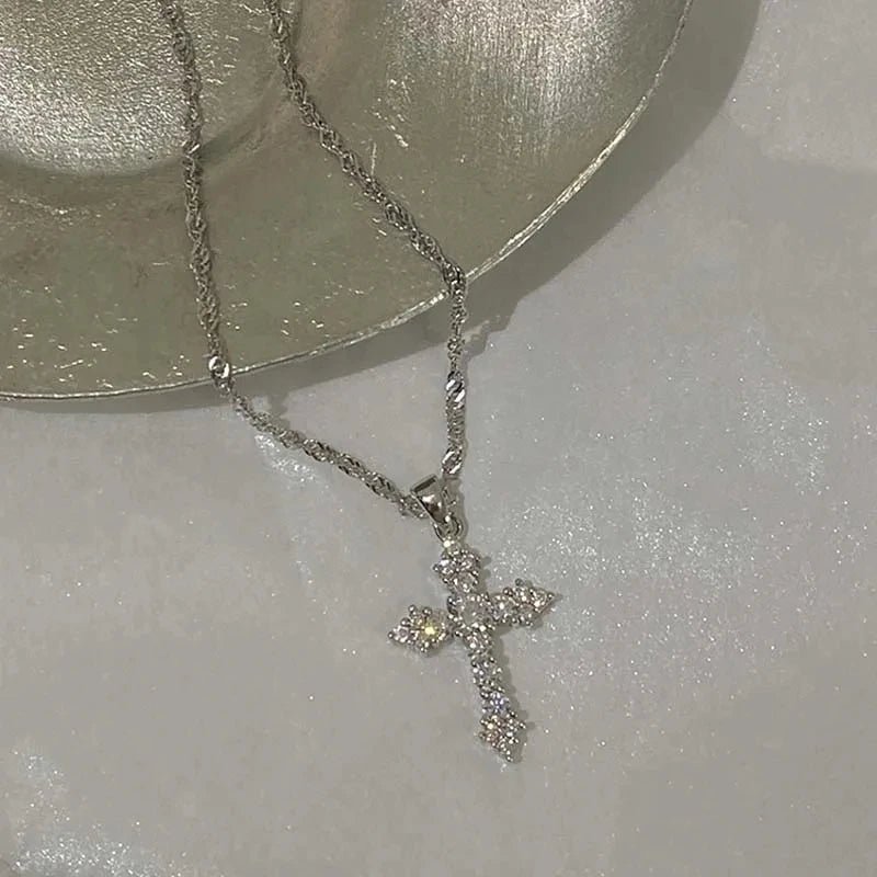 Crystal Cross Pendant Necklace for Gothic Dark Feminine and Y2K Styling