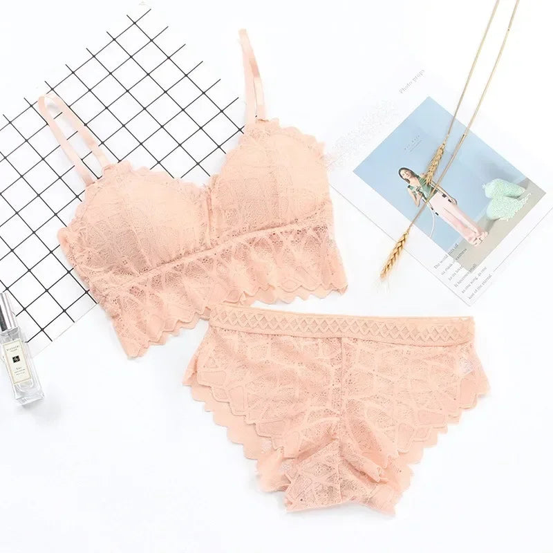 Scalloped Floral Lace Longline Camisole Bralette and Seamless Laser-Cut Brief Set