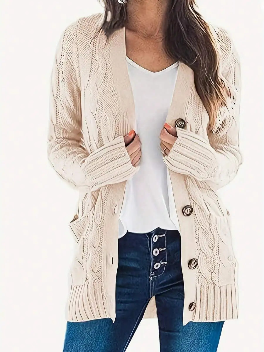 Women's Open Front Cable Knit Cardigan with Relaxed Long Sleeve Pocket Design