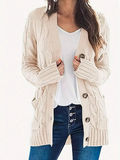 Women's Open Front Cable Knit Cardigan with Relaxed Long Sleeve Pocket Design
