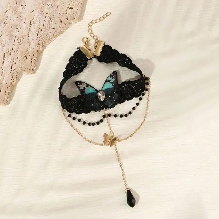 Gothic Butterfly Upper Arm Cuff with Crystal Drop Chain Accents