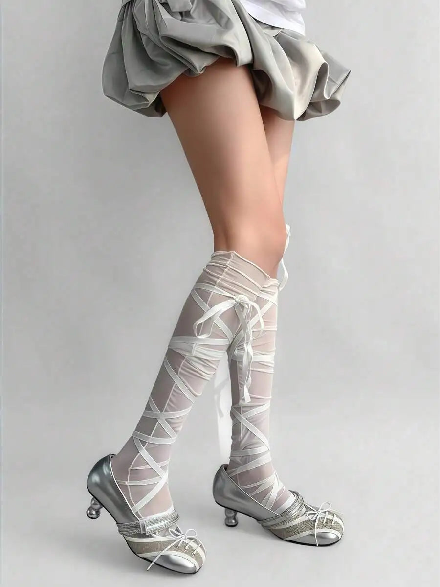 Asymmetrical Lace-Up Over-the-Knee Stockings with Adjustable Wrap Detail for Streetwear Fashion