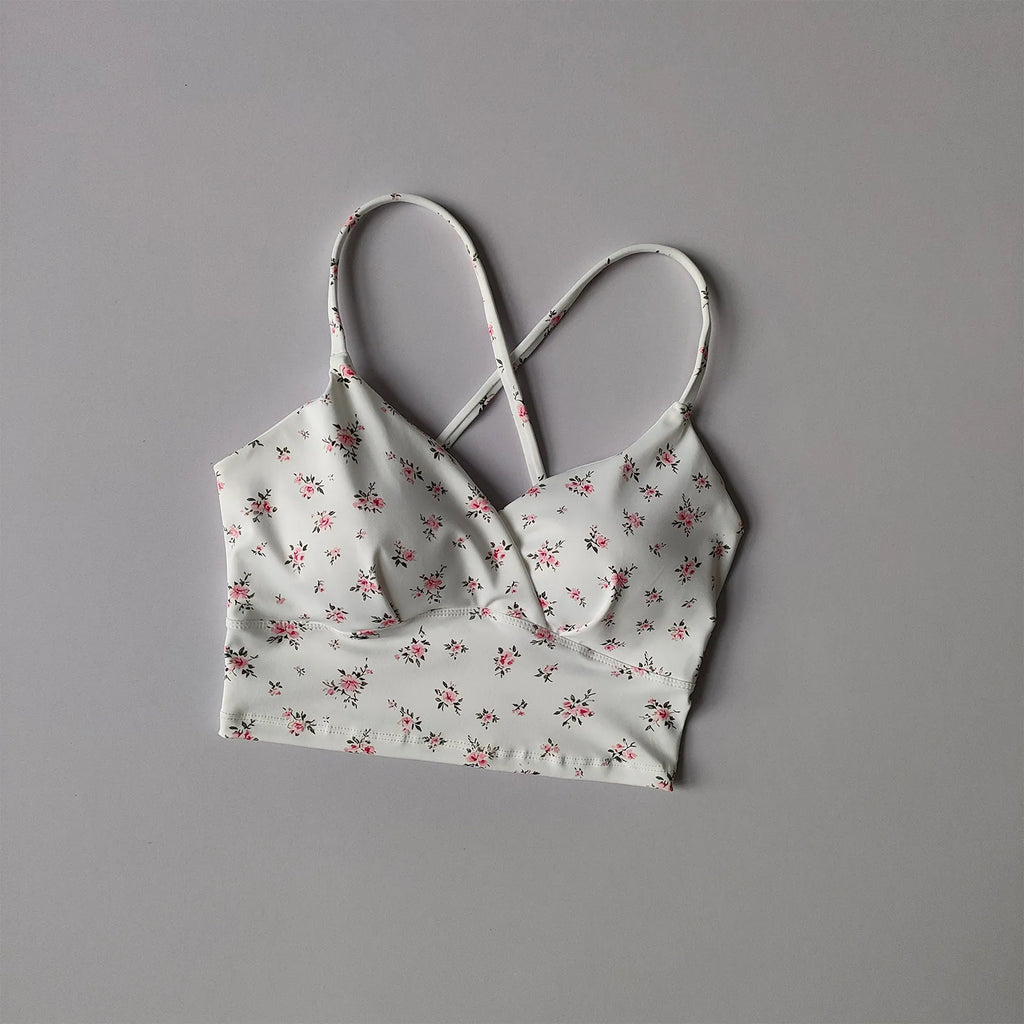 Playful Cherry Print Longline Sports Bra with Criss-Cross Open Back