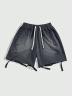 Men's Loose Graphic Print Drawstring Sports Shorts with Distressed Streetwear Inspired Design