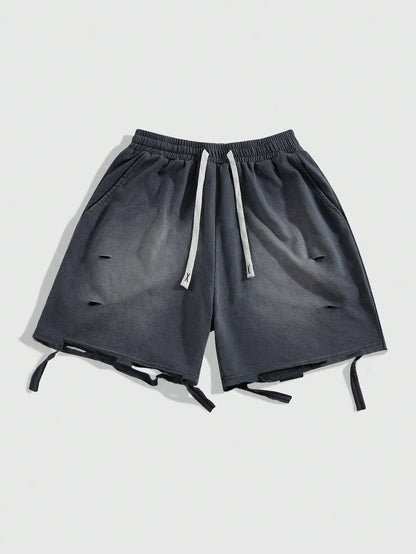 Men's Loose Graphic Print Drawstring Sports Shorts with Distressed Streetwear Inspired Design