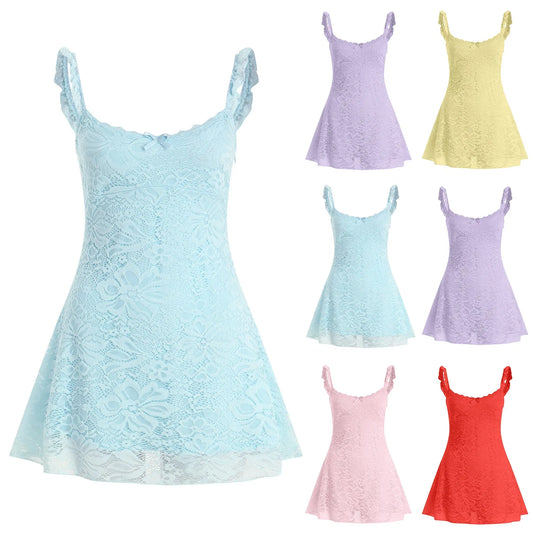 Sleeveless Lace Trim Mini Dress with Ruffle Hem and Romantic Silhouette