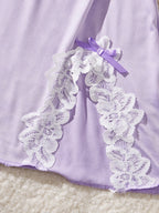 Lavender Lace-Trimmed Babydoll Nightdress with Matching Panty and Side Slit Detail