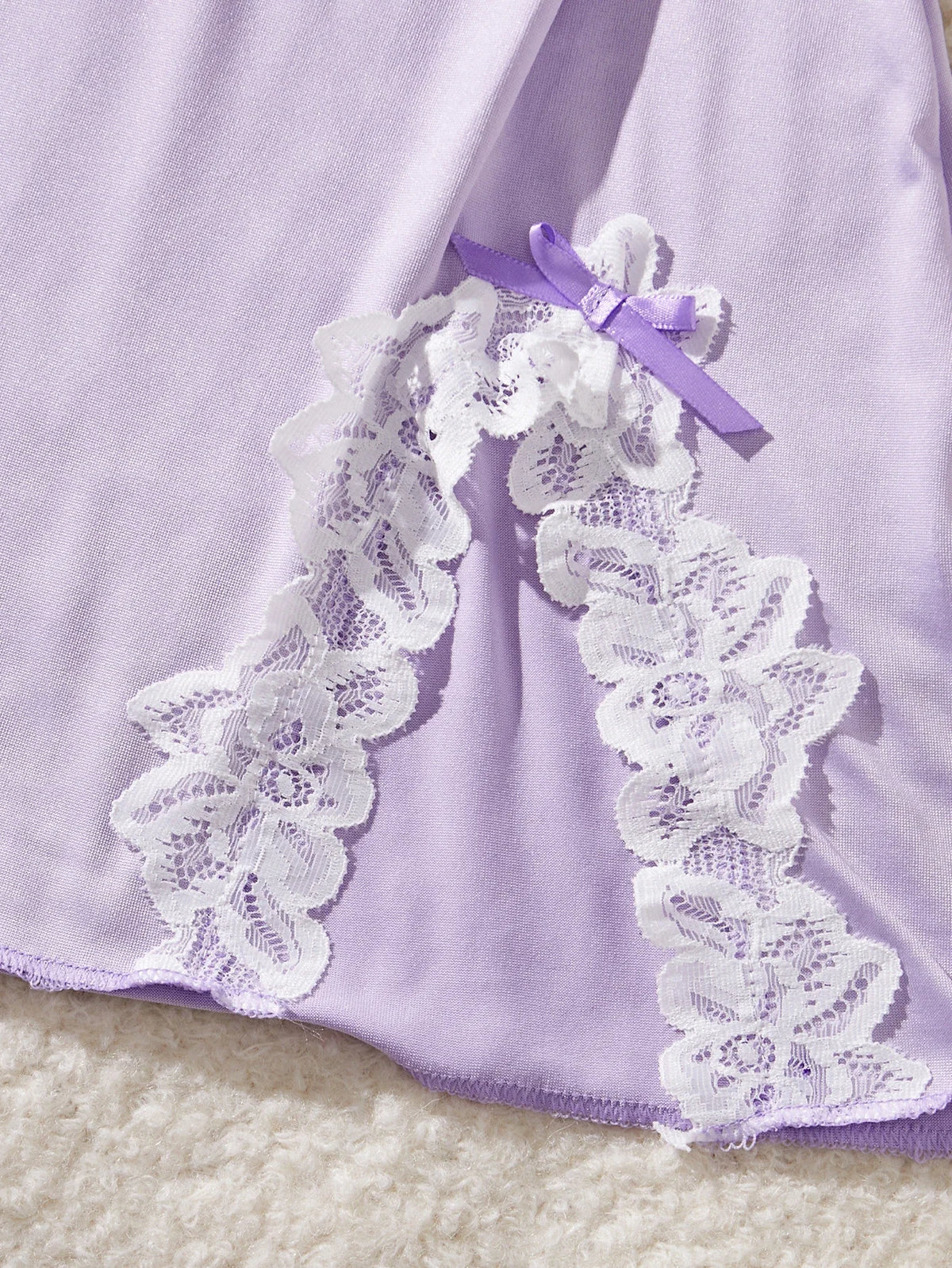 Lavender Lace-Trimmed Babydoll Nightdress with Matching Panty and Side Slit Detail