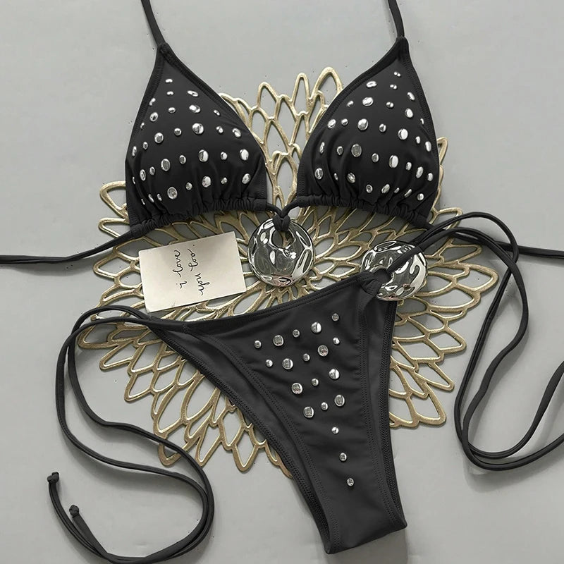 Grey Triangle String Bikini with Geometric Rhinestone Embellishments