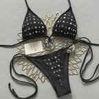 Grey Triangle String Bikini with Geometric Rhinestone Embellishments