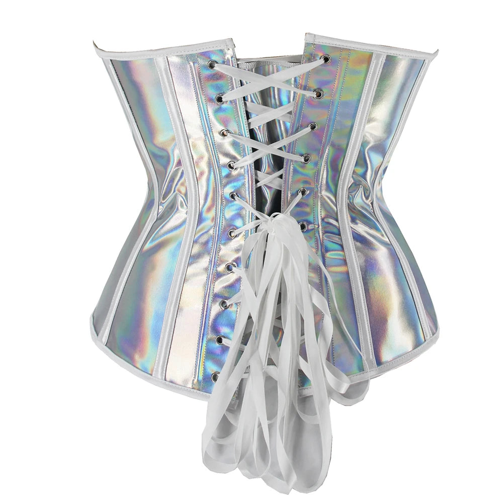 Iridescent Silver Holographic Overbust Corset with Front Busk and Ribbon Lace-Up Detailing