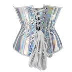 Iridescent Silver Holographic Overbust Corset with Front Busk and Ribbon Lace-Up Detailing