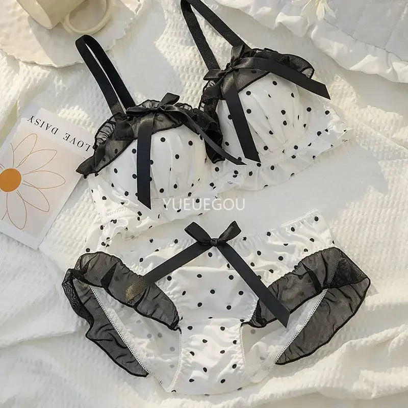 Playful Black and White Polka Dot Wire-Free Ruffled Bra Set