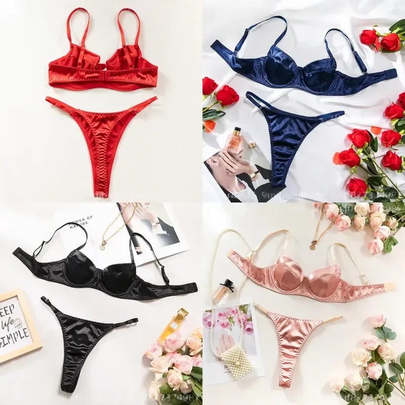 Lustrous Ruched Satin Demi Bra and Minimalist String Thong Set