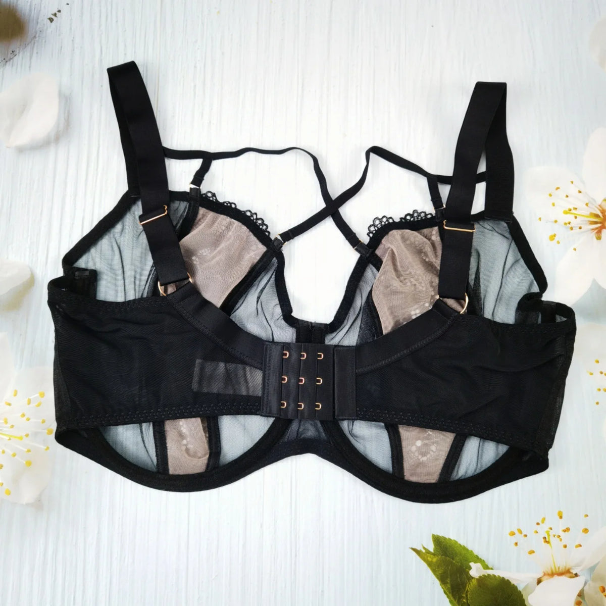 Black Sheer Mesh Underwire Minimizer Bra with Strappy Detail