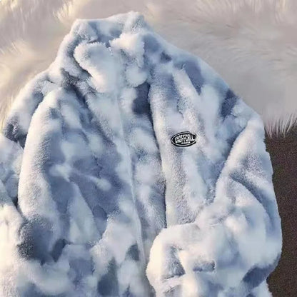 Women's Tie Dye Plush Fleece Zip Jacket with Relaxed Cozy Streetwear Silhouette