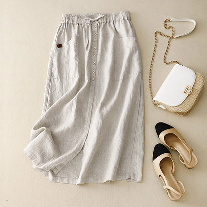 High Waist Button Front A-Line Midi Skirt with Side Slit Casual Everyday Style