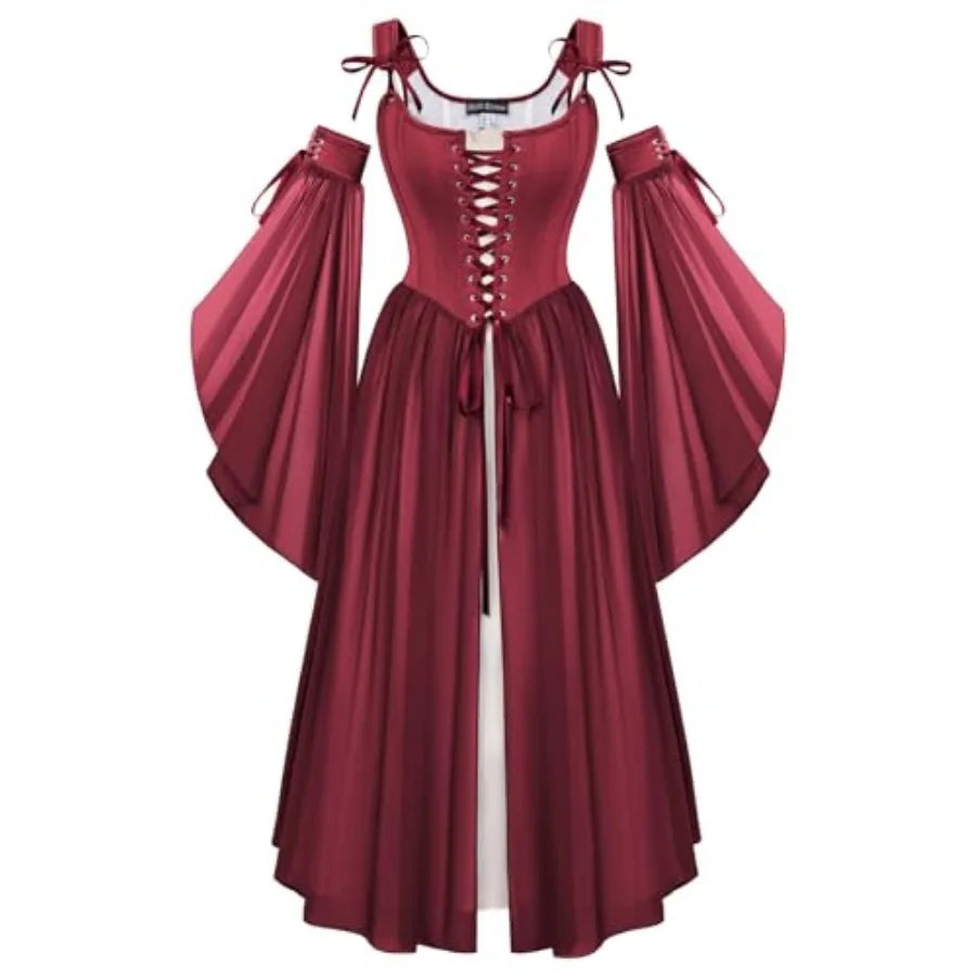 Women's Renaissance-Inspired Corset Dress Set with Bell Sleeves and Layered Overdress