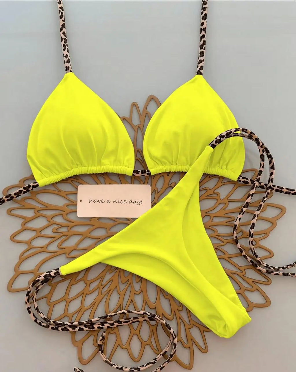 Contrast Leopard Strap Two-Piece Bikini with High-Cut Silhouette