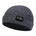 Minimalist Ribbed Polyester Knit Beanie with Woven Patch for Casual Streetwear Everyday Style
