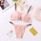 Sleek Minimalist Contour Underwire Bra and Thong Set with Crystal-Embellished Straps