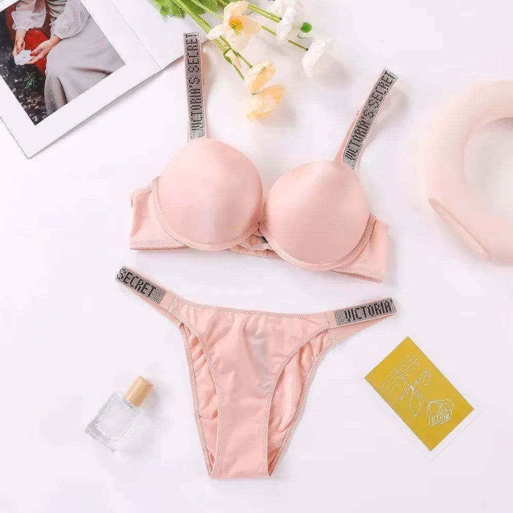 Sleek Minimalist Contour Underwire Bra and Thong Set with Crystal-Embellished Straps