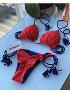 Soft Periwinkle Triangle Bikini Set with Two-Tone Twisted Rope and Tassel Details