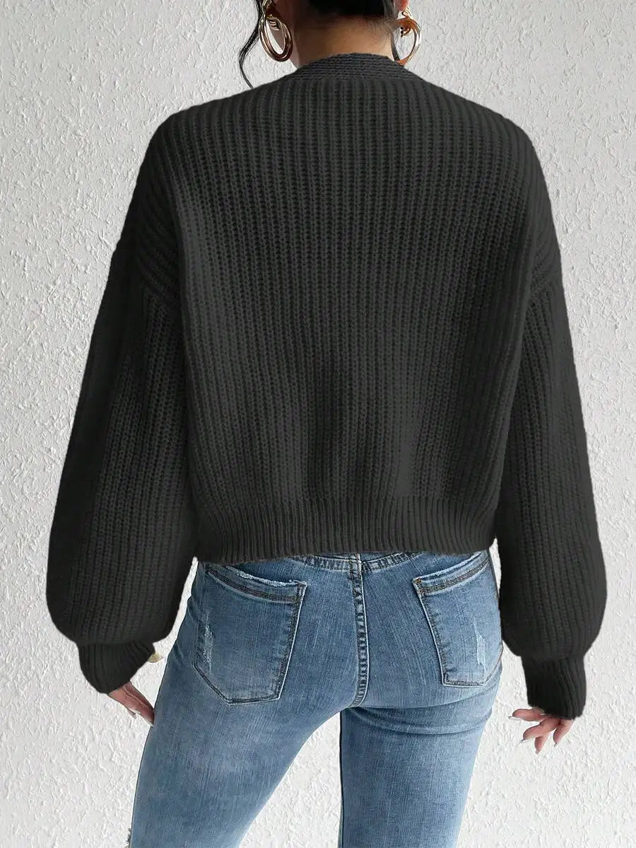 Women's Ribbed V Neck Button Front Cardigan with Cropped Relaxed Fit