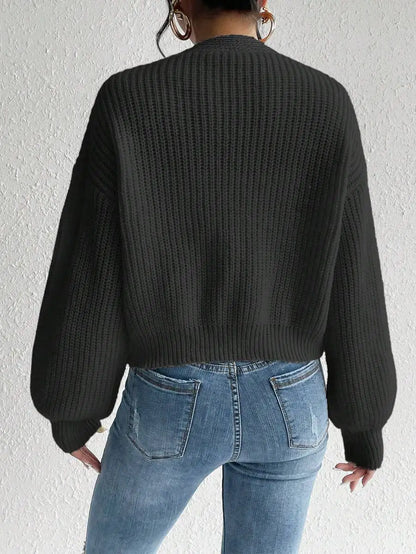 Women's Ribbed V Neck Button Front Cardigan with Cropped Relaxed Fit